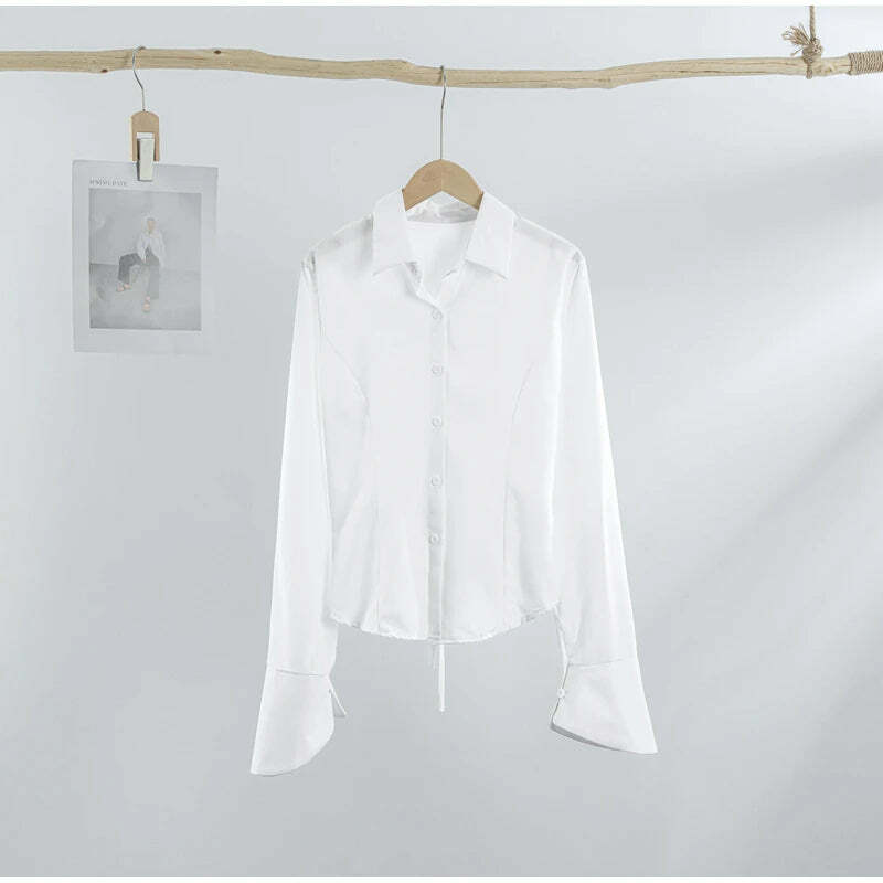 Y2K Bandage Shirts For Women - Slim Chic Lace-Up Lapel Tops, Flare Sleeve Casual Streetwear Y2K Bandage Shirts For Women - Slim Chic Lace-Up Lapel Tops, Flare Sleeve Casual Streetwear