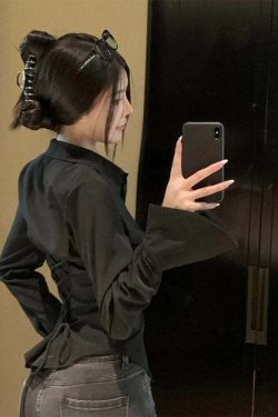 Y2K Bandage Shirts For Women - Slim Chic Lace-Up Lapel Tops, Flare Sleeve Casual Streetwear