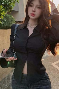 Y2K Bandage Shirts For Women - Slim Chic Lace-Up Lapel Tops, Flare Sleeve Casual Streetwear