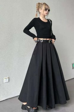 Y2K Black Pleated Maxi Skirt - High Waist, Spring & Autumn Retro 90S Grunge Fashion For Women