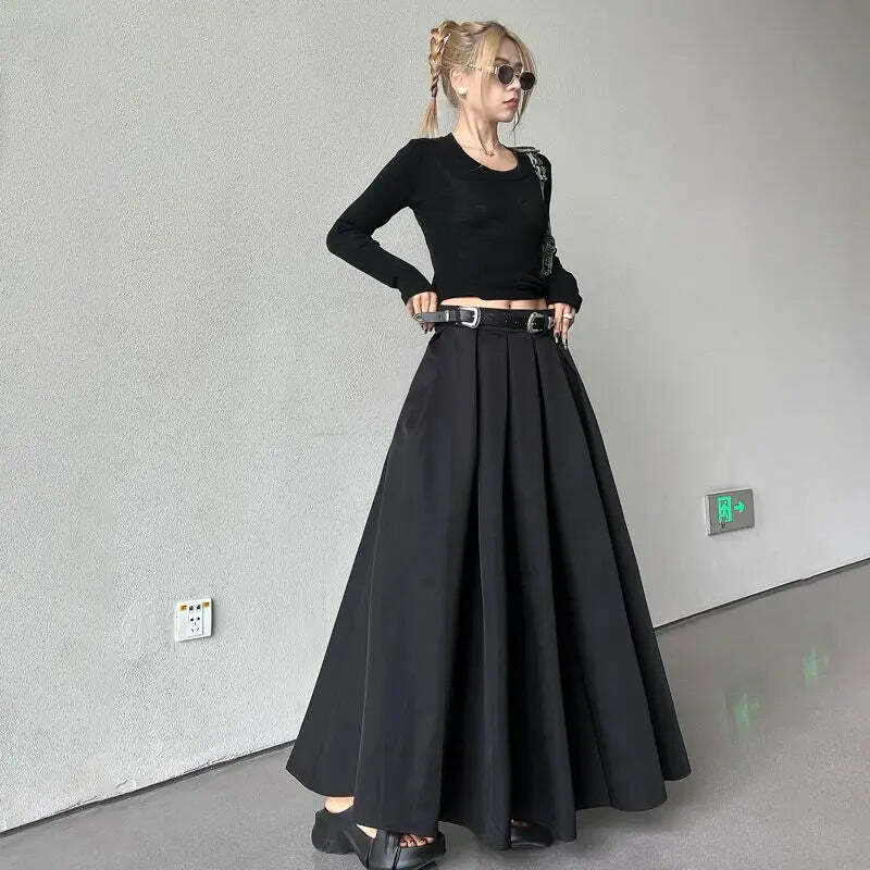 Y2K Black Pleated Maxi Skirt - High Waist, Spring & Autumn Retro 90S Grunge Fashion For Women Y2K Black Pleated Maxi Skirt - High Waist, Spring & Autumn Retro 90S Grunge Fashion For Women