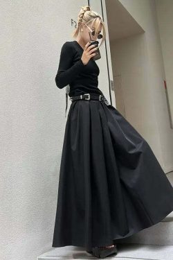 Y2K Black Pleated Maxi Skirt - High Waist, Spring & Autumn Retro 90S Grunge Fashion For Women