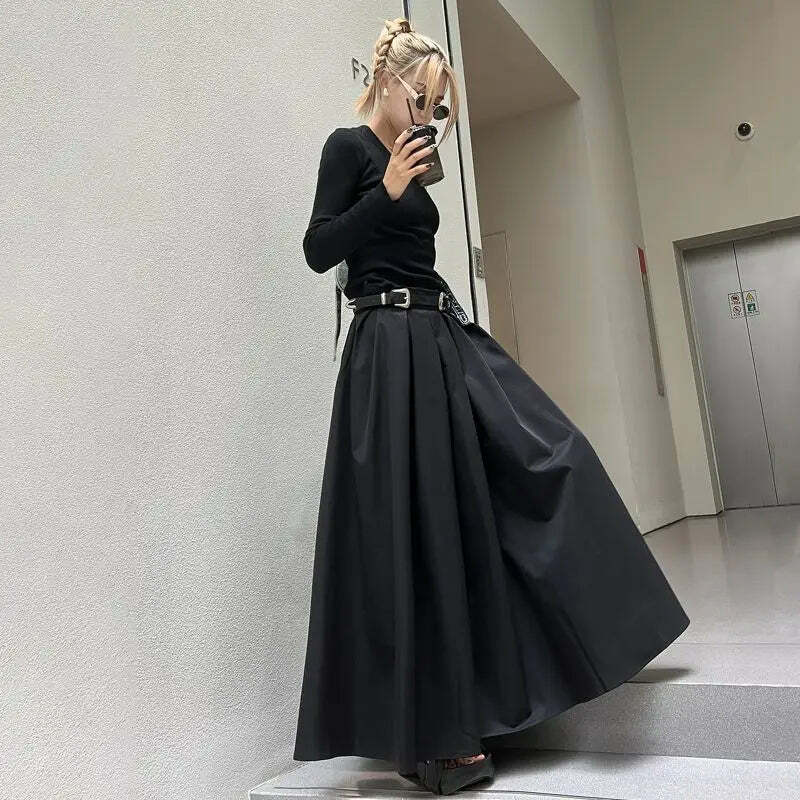 Y2K Black Pleated Maxi Skirt - High Waist, Spring & Autumn Retro 90S Grunge Fashion For Women Y2K Black Pleated Maxi Skirt - High Waist, Spring & Autumn Retro 90S Grunge Fashion For Women