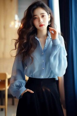 Y2K Blue Chiffon Button-Up Shirt & Blouse - Loose, Long Sleeve, Elegant Summer Top For Women