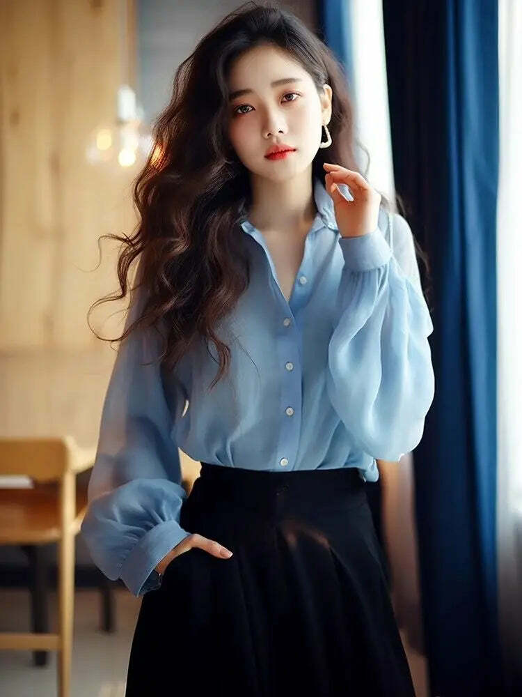 Y2K Blue Chiffon Button-Up Shirt & Blouse - Loose, Long Sleeve, Elegant Summer Top For Women Y2K Blue Chiffon Button-Up Shirt & Blouse - Loose, Long Sleeve, Elegant Summer Top For Women