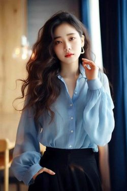 Y2K Blue Chiffon Button-Up Shirt & Blouse - Loose, Long Sleeve, Elegant Summer Top For Women