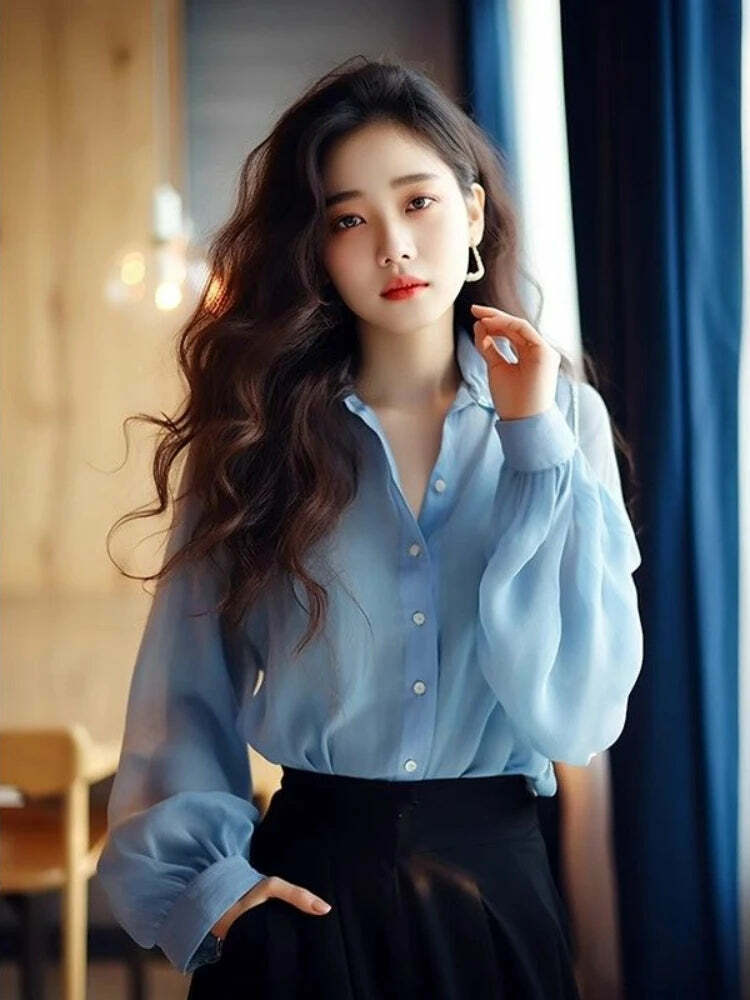 Y2K Blue Chiffon Button-Up Shirt & Blouse - Loose, Long Sleeve, Elegant Summer Top For Women Y2K Blue Chiffon Button-Up Shirt & Blouse - Loose, Long Sleeve, Elegant Summer Top For Women