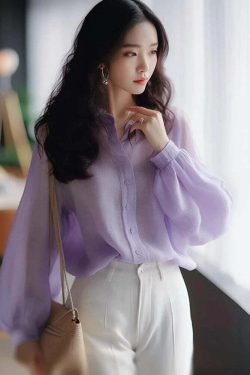 Y2K Blue Chiffon Button-Up Shirt & Blouse - Loose, Long Sleeve, Elegant Summer Top For Women