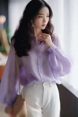 Y2K Blue Chiffon Button-Up Shirt & Blouse - Loose, Long Sleeve, Elegant Summer Top For Women