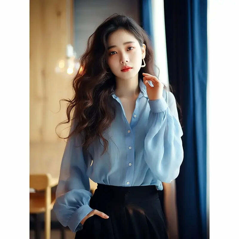 Y2K Blue Chiffon Button-Up Shirt & Blouse - Loose, Long Sleeve, Elegant Summer Top For Women Y2K Blue Chiffon Button-Up Shirt & Blouse - Loose, Long Sleeve, Elegant Summer Top For Women