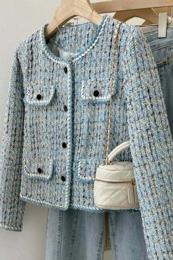 Y2K Blue Tweed Knitted Coat - French Style Overcoat, Grunge 90S Fashion, Retro Short Jacket
