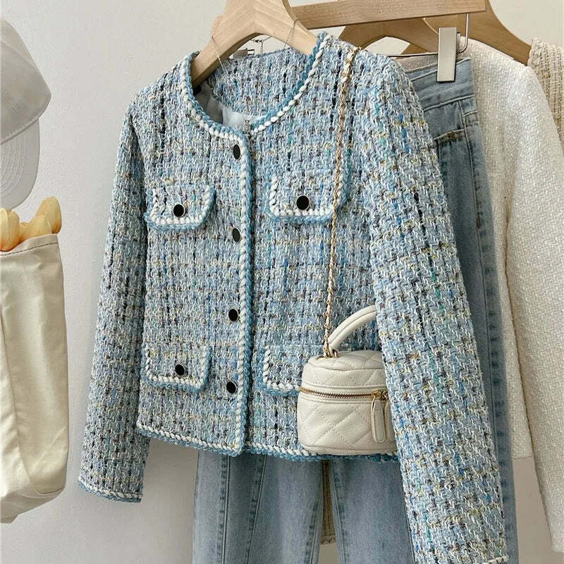 Y2K Blue Tweed Knitted Coat - French Style Overcoat, Grunge 90S Fashion, Retro Short Jacket
