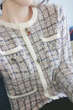 Y2K Blue Tweed Knitted Coat - French Style Overcoat, Grunge 90S Fashion, Retro Short Jacket