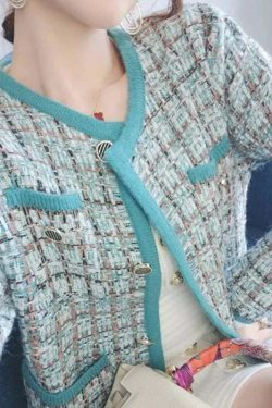 Y2K Blue Tweed Knitted Coat - French Style Overcoat, Grunge 90S Fashion, Retro Short Jacket