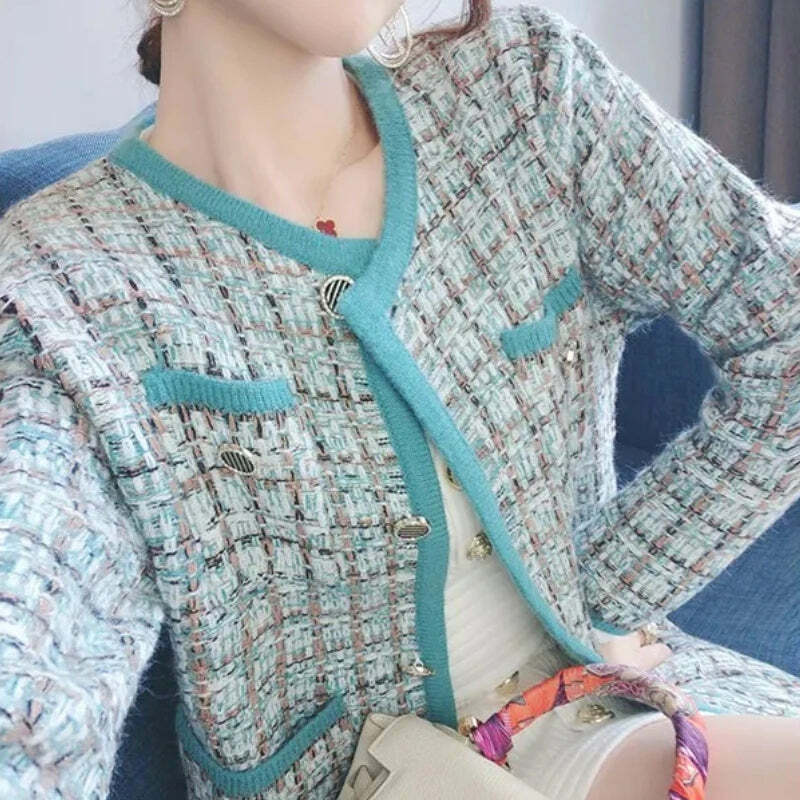 Y2K Blue Tweed Knitted Coat - French Style Overcoat, Grunge 90S Fashion, Retro Short Jacket