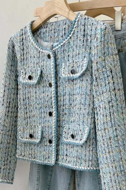 Y2K Blue Tweed Knitted Coat - French Style Overcoat, Grunge 90S Fashion, Retro Short Jacket