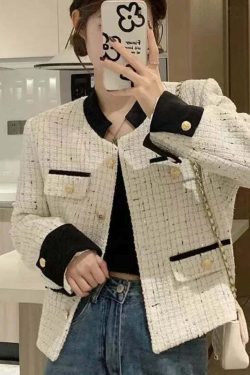 Y2K Blue Tweed Knitted Coat - French Style Overcoat, Grunge 90S Fashion, Retro Short Jacket