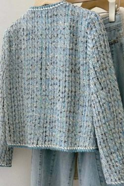 Y2K Blue Tweed Knitted Coat - French Style Overcoat, Grunge 90S Fashion, Retro Short Jacket