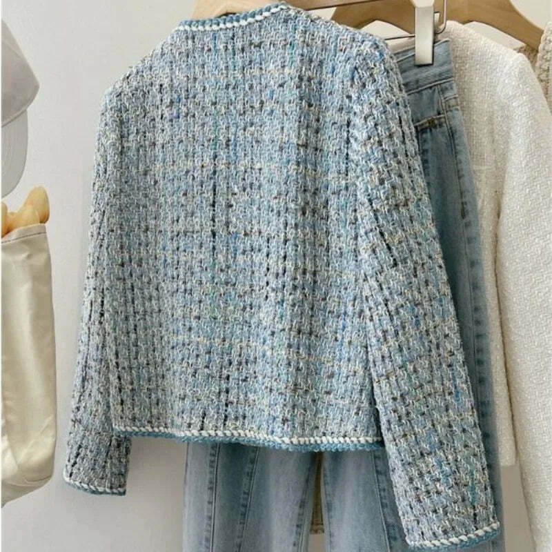Y2K Blue Tweed Knitted Coat - French Style Overcoat, Grunge 90S Fashion, Retro Short Jacket