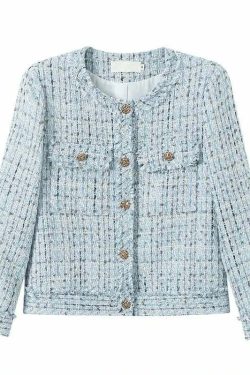 Y2K Blue Tweed Knitted Coat - French Style Overcoat, Grunge 90S Fashion, Retro Short Jacket