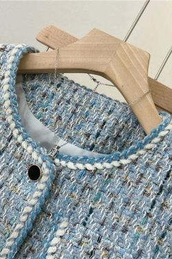 Y2K Blue Tweed Knitted Coat - French Style Overcoat, Retro 90S Grunge Short Jacket