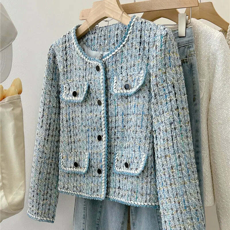 Y2K Blue Tweed Knitted Coat - French Style Overcoat, Retro 90S Grunge Short Jacket Y2K Blue Tweed Knitted Coat - French Style Overcoat, Retro 90S Grunge Short Jacket