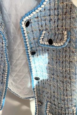 Y2K Blue Tweed Knitted Coat - French Style Overcoat, Retro 90S Grunge Short Jacket