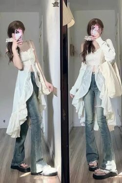 Y2K Chiffon 2-Piece Skirt Set: Sexy Strap Dress & Beige Ruched Top - Retro 90S Summer Fashion