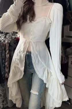 Y2K Chiffon 2-Piece Skirt Set: Sexy Strap Dress & Beige Ruched Top - Retro 90S Summer Fashion