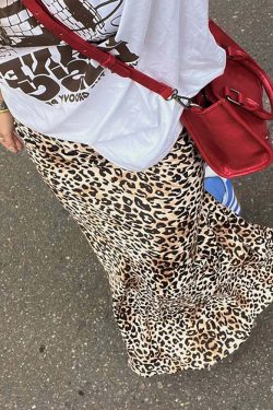 Y2K Chiffon Leopard Split Skirt - Vintage High Waist, Summer Chic, Grunge Streetwear Fashion