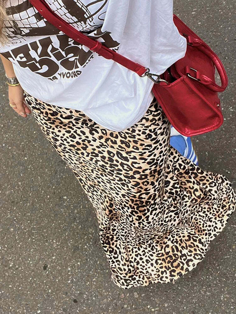 Y2K Chiffon Leopard Split Skirt - Vintage High Waist, Summer Chic, Grunge Streetwear Fashion