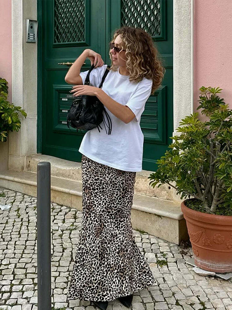 Y2K Chiffon Leopard Split Skirt - Vintage High Waist, Summer Chic, Grunge Streetwear Fashion