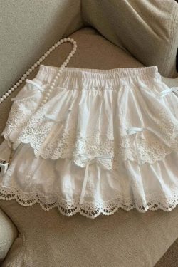 Y2K Coquette Bow White Mini Skirt - Kawaii Lace Ruffles Patchwork A-Line Skirt With Shorts