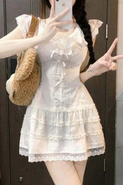 Y2K Coquette White Lolita Mini Dress - Cute Kawaii Lace Bow Princess Slip For Summer Outfits