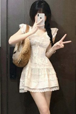 Y2K Coquette White Lolita Mini Dress - Cute Kawaii Lace Bow Princess Slip For Summer Outfits