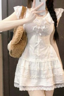 Y2K Coquette White Lolita Mini Dress - Cute Kawaii Lace Bow Princess Slip For Summer Outfits