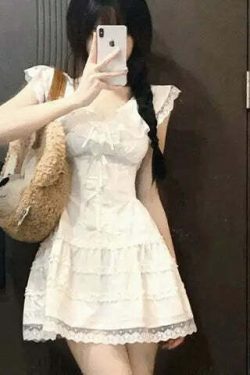 Y2K Coquette White Lolita Mini Dress - Cute Kawaii Lace Bow Princess Slip For Summer Outfits