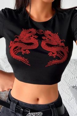 Y2K Dragon Crop Top - 90S Grunge, Retro Summer Outfit, Y2K Party, Club, And Popstar Fashion