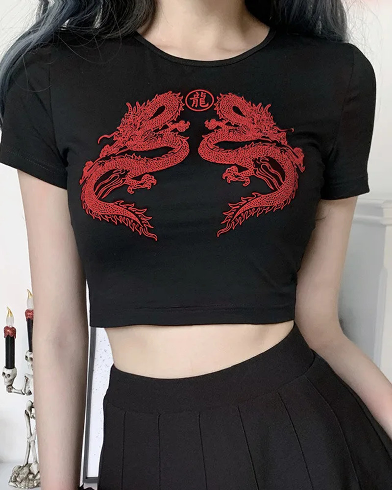 Y2K Dragon Crop Top - 90S Grunge, Retro Summer Outfit, Y2K Party, Club, And Popstar Fashion