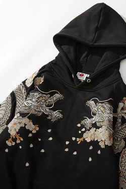 Y2K Dragon Embroidered Hoodie - 90S Grunge, Retro Style, Y2K Fashion, Summer & Party Outfits