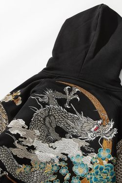 Y2K Dragon Embroidered Hoodie - 90S Grunge, Retro Style, Y2K Fashion, Summer & Party Outfits