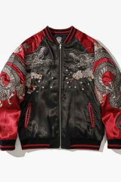 Y2K Dragon Embroidered Jacket - 90S Grunge, Retro Style, Y2K Fashion, Summer & Party Outfits