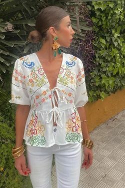 Y2K Fashion Print Lace-Up Hollow Out Puff Sleeve Top - Sexy Grunge Summer Streetwear Tee