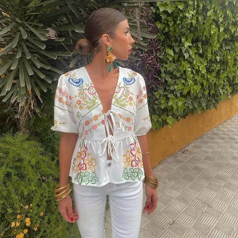 Y2K Fashion Print Lace-Up Hollow Out Puff Sleeve Top - Sexy Grunge Summer Streetwear Tee Y2K Fashion Print Lace-Up Hollow Out Puff Sleeve Top - Sexy Grunge Summer Streetwear Tee