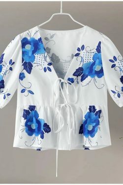 Y2K Fashion Print Lace-Up Hollow Out Puff Sleeve Top - Sexy Grunge Summer Streetwear Tee