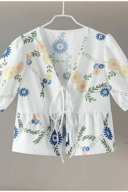 Y2K Fashion Print Lace-Up Hollow Out Puff Sleeve Top - Sexy Grunge Summer Streetwear Tee