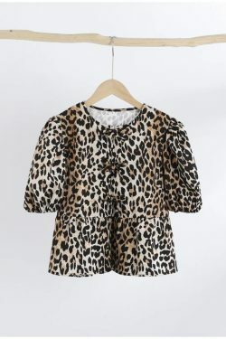 Y2K Fashion Print Lace-Up Hollow Out Puff Sleeve Top - Sexy Grunge Summer Streetwear Tee