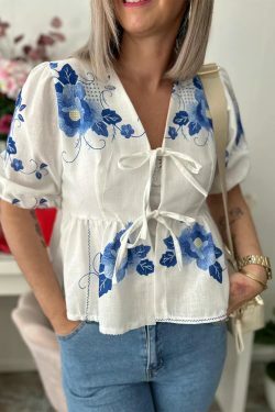 Y2K Fashion Print Lace-Up Hollow Out Puff Sleeve Top - Sexy Grunge Summer Streetwear Tee