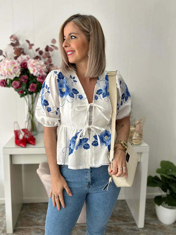 Y2K Fashion Print Lace-Up Hollow Out Puff Sleeve Top - Sexy Grunge Summer Streetwear Tee Y2K Fashion Print Lace-Up Hollow Out Puff Sleeve Top - Sexy Grunge Summer Streetwear Tee