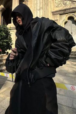Y2K Faux Leather Oversized Bomber Jacket - 90S Grunge, Retro Style, Y2K Fashion Must-Have